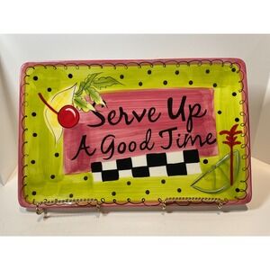 Cypress Home Ceramic Platter Serve‎ Up A Good Time Cherry Lime Checkerboard